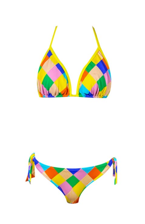 Multicolor Checkered Print Two Piece Bikini, Big Kid