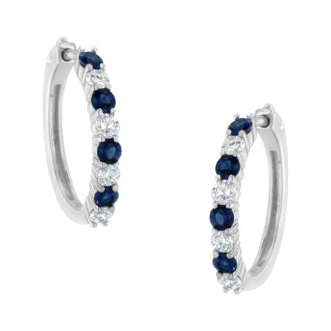 10K White Gold 2.5MM Sapphire Gemstone and 1/2 Cttw Diamond Hoop Earrings