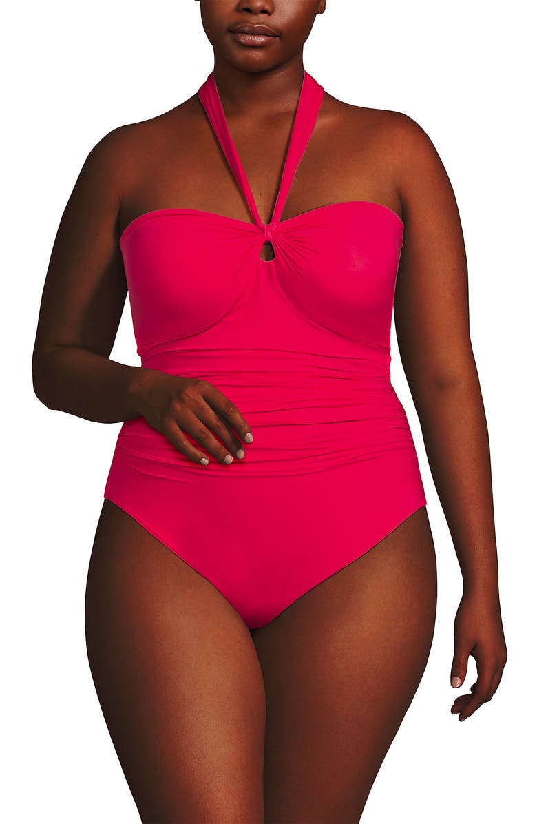Lands' End Slender Suit Multi-Way Bandeau High Leg One Piece Swimsuit, Main, color, Coral Ruby