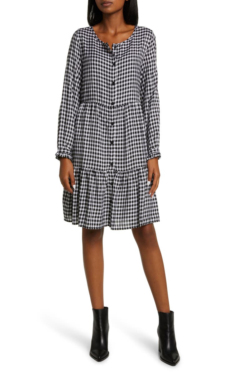 beachlunchlounge Plaid Tiered Long Sleeve Button-Down Dress, Main, color, 