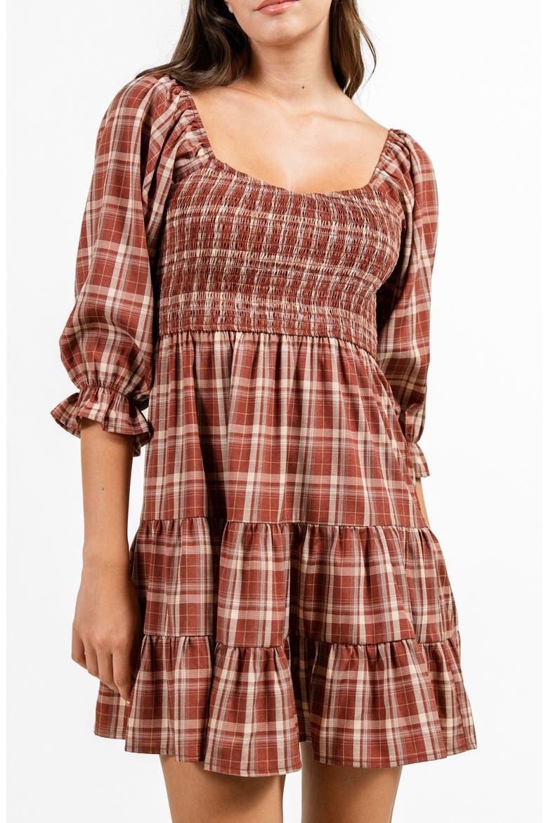 Plaid Three-Quarter Sleeve Tiered Dress, Main, color, RUST