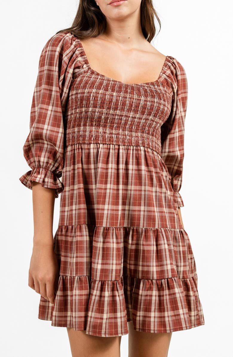 Beivy Plaid Three-Quarter Sleeve Tiered Dress, Main, color, Rust