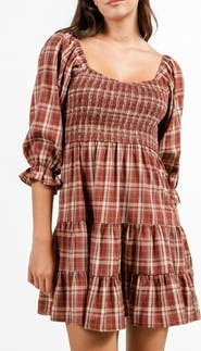 Beivy Plaid Three-Quarter Sleeve Tiered Dress