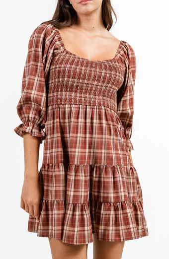 Beivy Plaid Three-Quarter Sleeve Tiered Dress