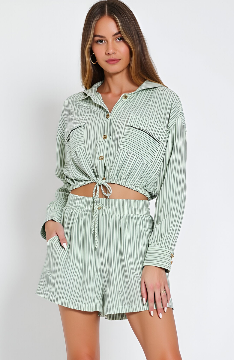 Modenaire Striped Long Sleeve Hoodie Top and High Waisted Shorts Set, Alternate, color, 