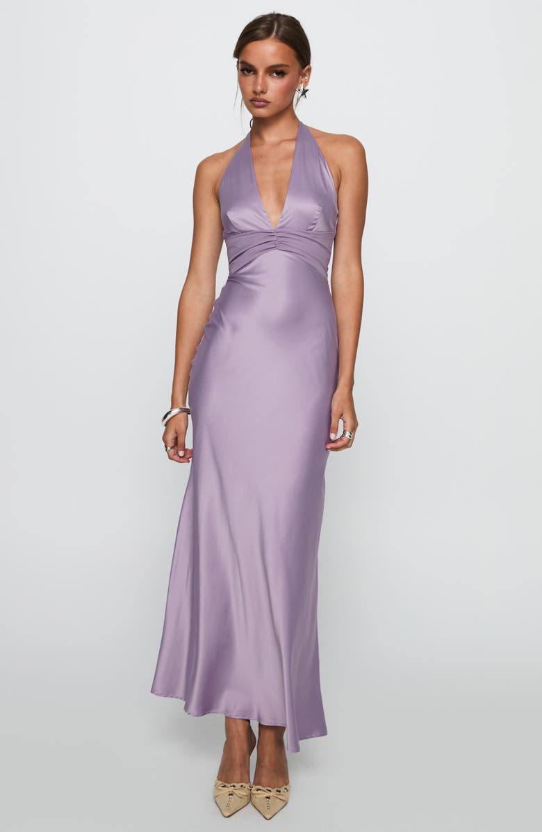 Princess Polly Rousseau Satin Halter Gown, Alternate, color, Mauve