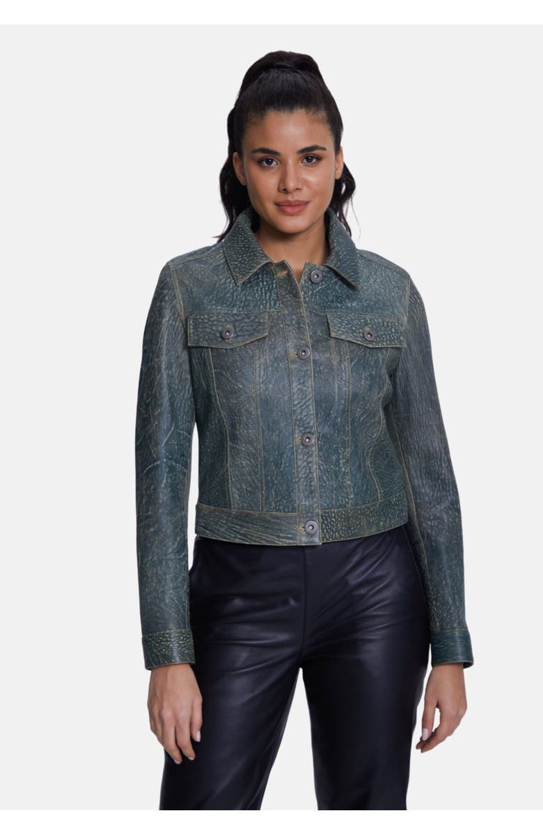 Furniq UK Arabella Patterned Leather Jacket, Alternate, color, Dark Green Mix