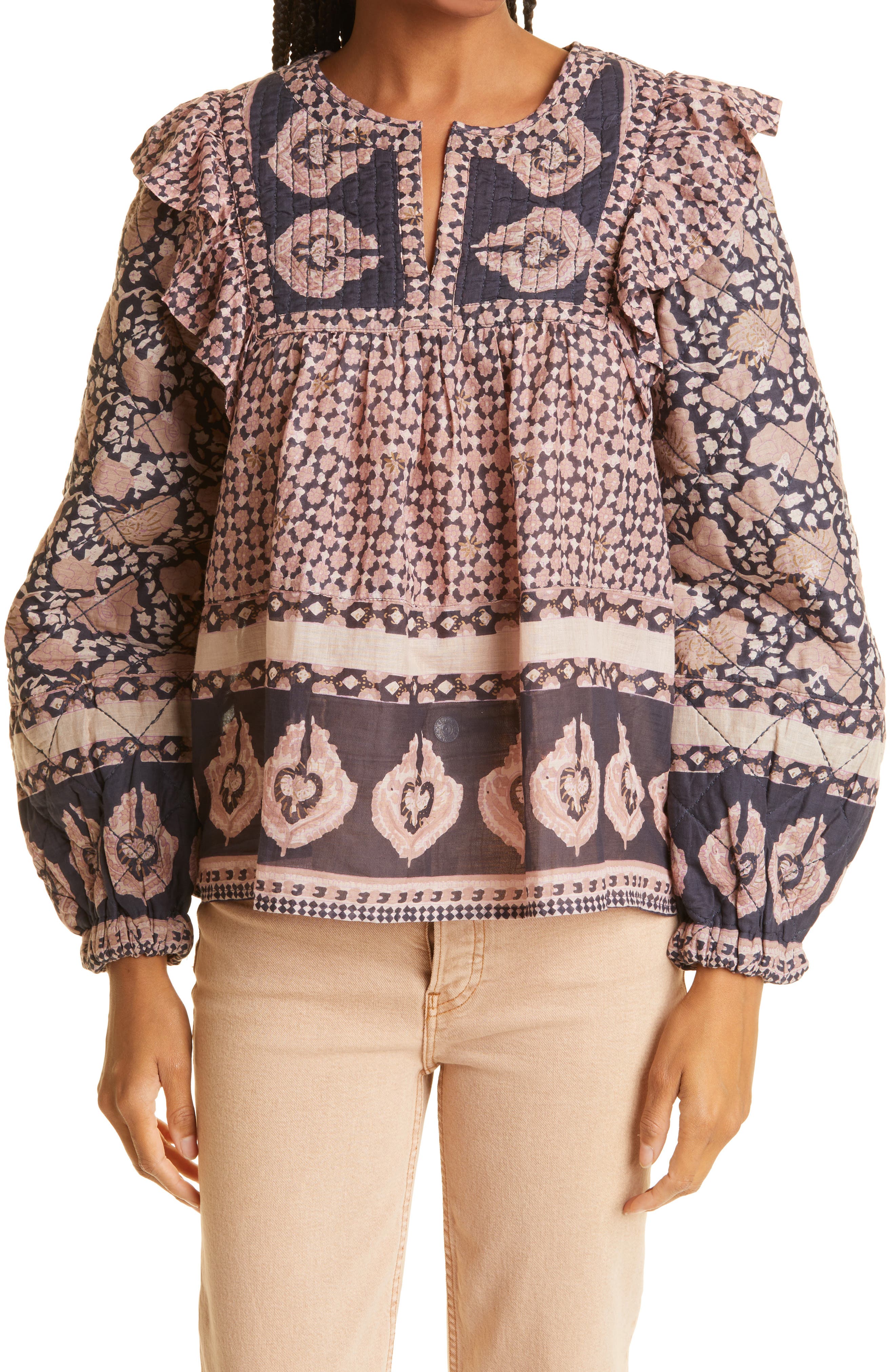 Sea NY Sea Margo Border Print Quilted Sleeve Top (Women) | Nordstrom