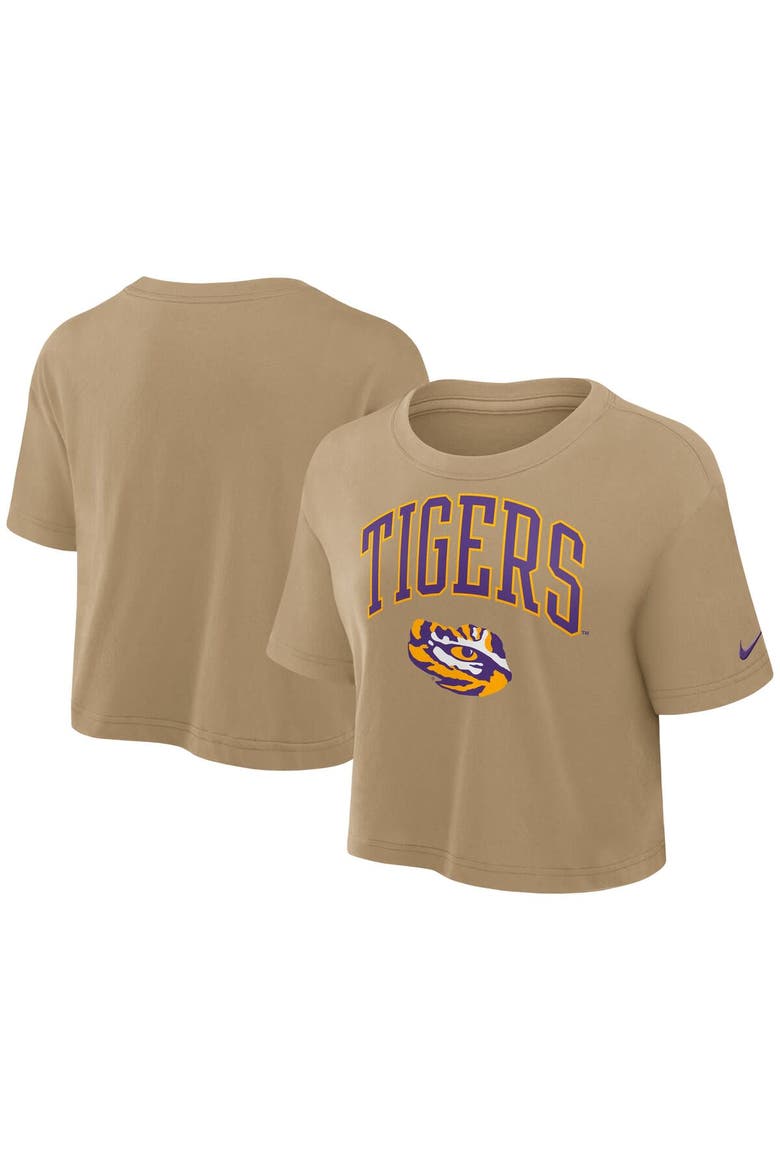 Women's Nike Tan LSU Tigers Power Pursuit Athletic Prep Arch Performance Cropped T-Shirt, Alternate, color, Tan
