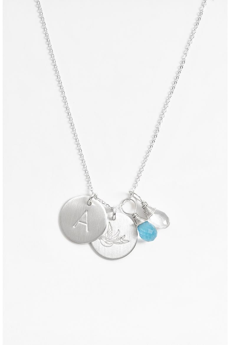 Ocean Blue & Crystal Swallow Sterling Silver Initial Disc Necklace, Main, color, OCEAN BLUE AND CRYSTAL A