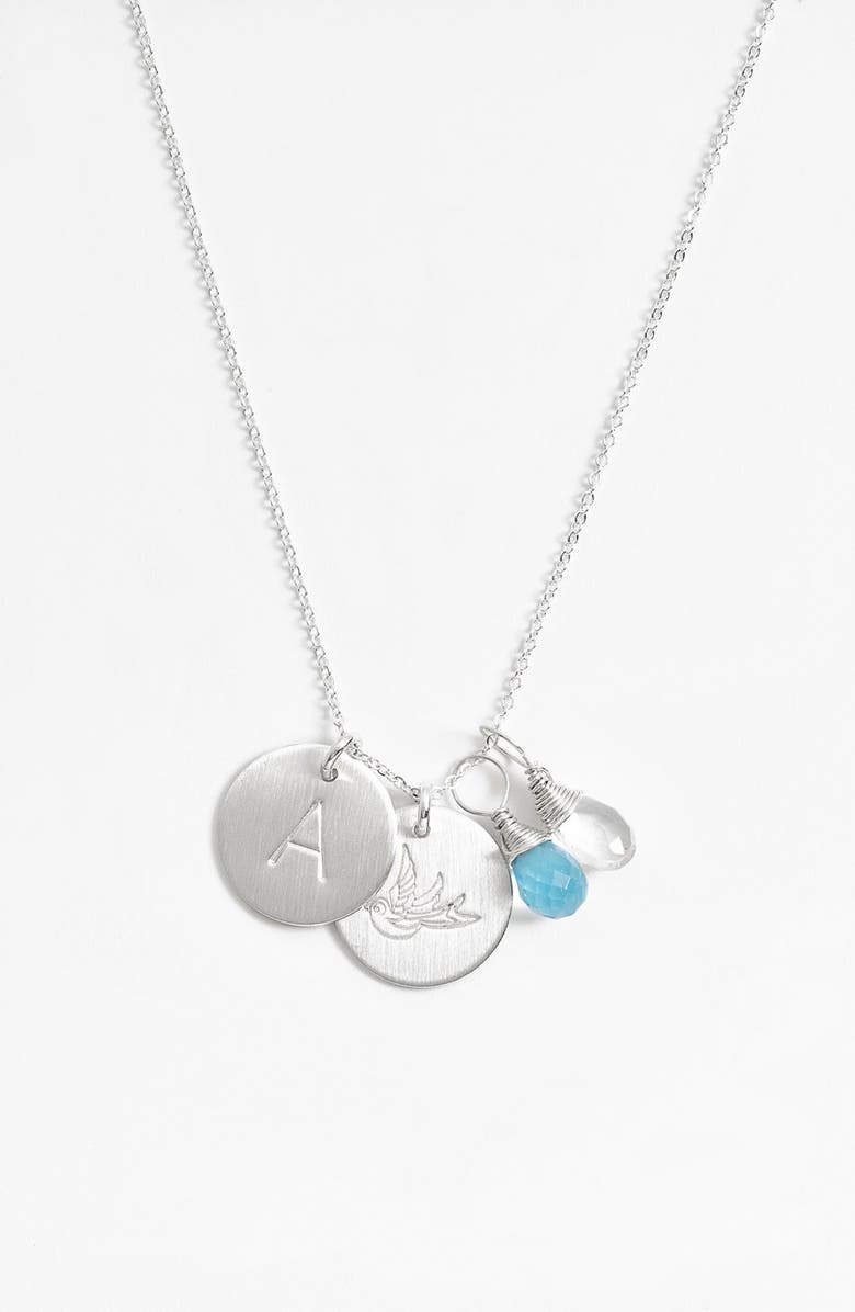 Nashelle Ocean Blue & Crystal Swallow Sterling Silver Initial Disc Necklace, Main, color,