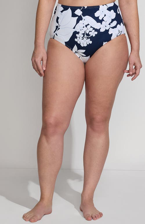 Shop Lands' End Sculpting Suit Chlorine Resistant Targeted Control Retro High Waisted Bikini Swim Bottoms In Deep Sea Navy/white Lilies