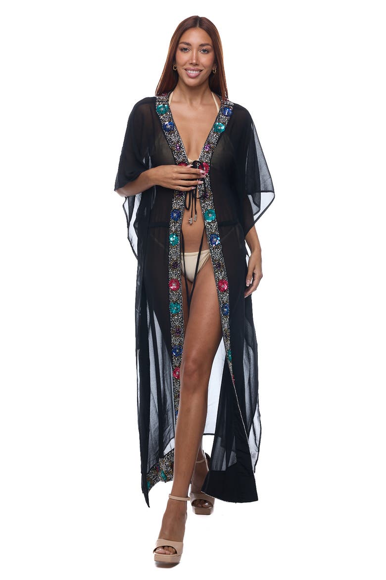Embellished Longline Cover-Up Duster, Alternate, color, BLACK