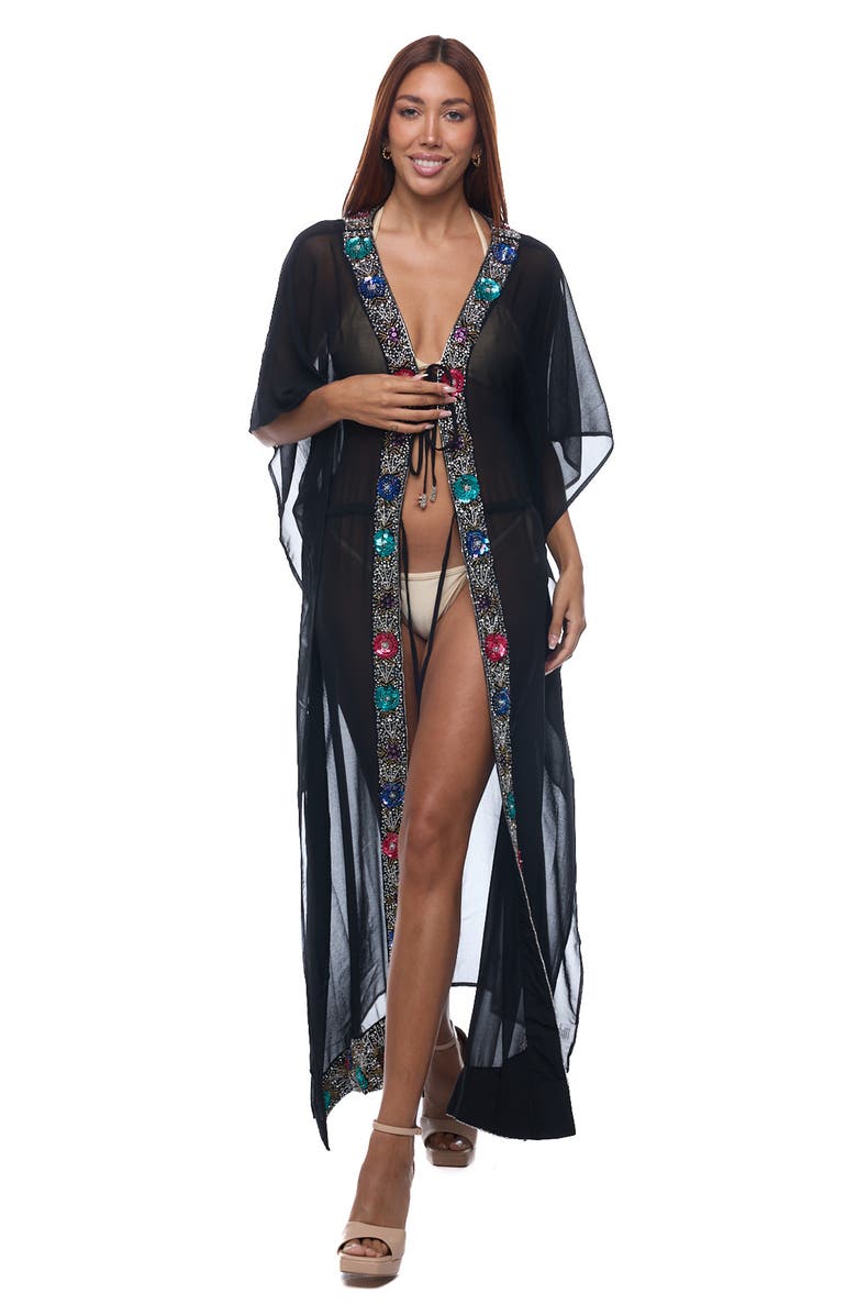 RANEES Embellished Longline Cover-Up Duster, Alternate, color, Black