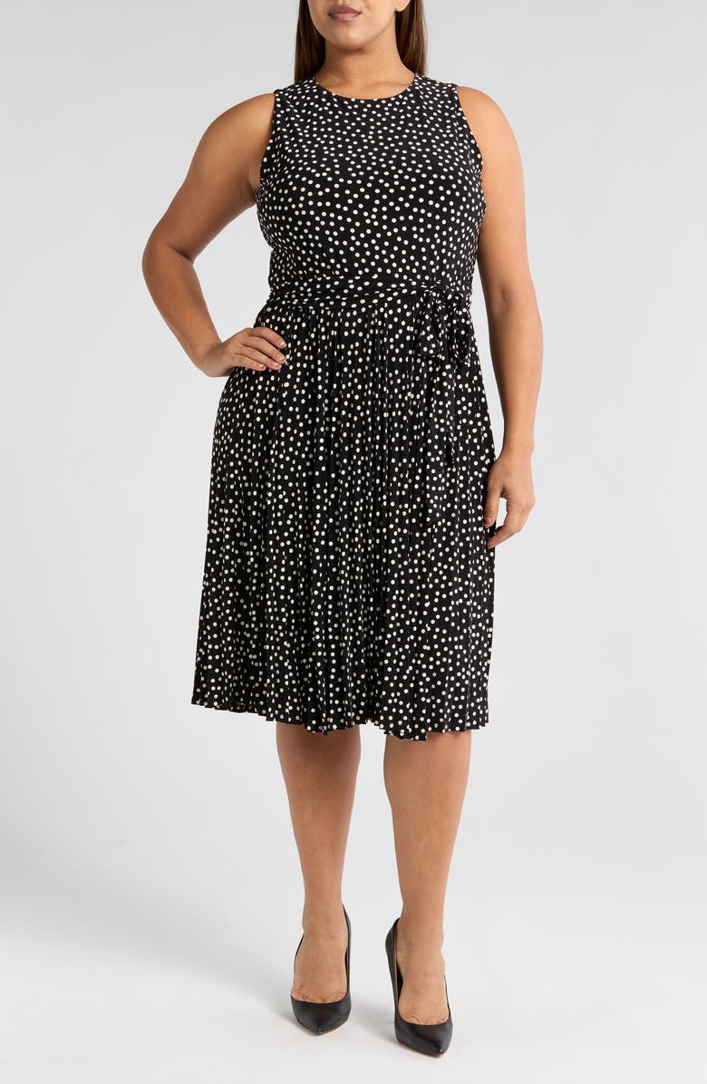 Anne Klein Polka Dot Pleat Skirt Midi Dress, Main, color, 