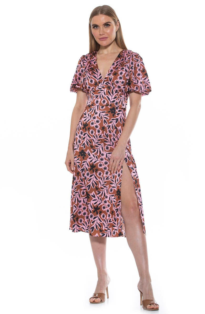 Alexia Admor V-Neck Puff Sleeve Midi Dress, Alternate, color, Brown Floral