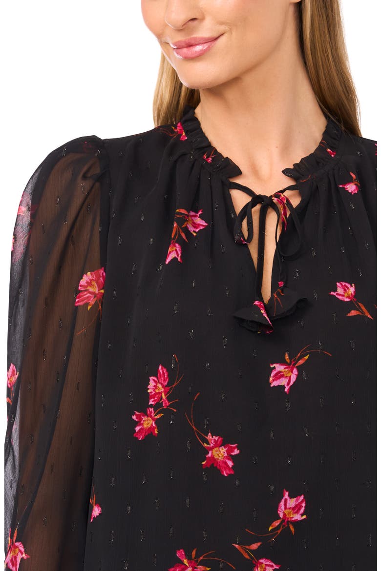 Floral Metallic Split Neck Top, Alternate, color, RICH BLACK