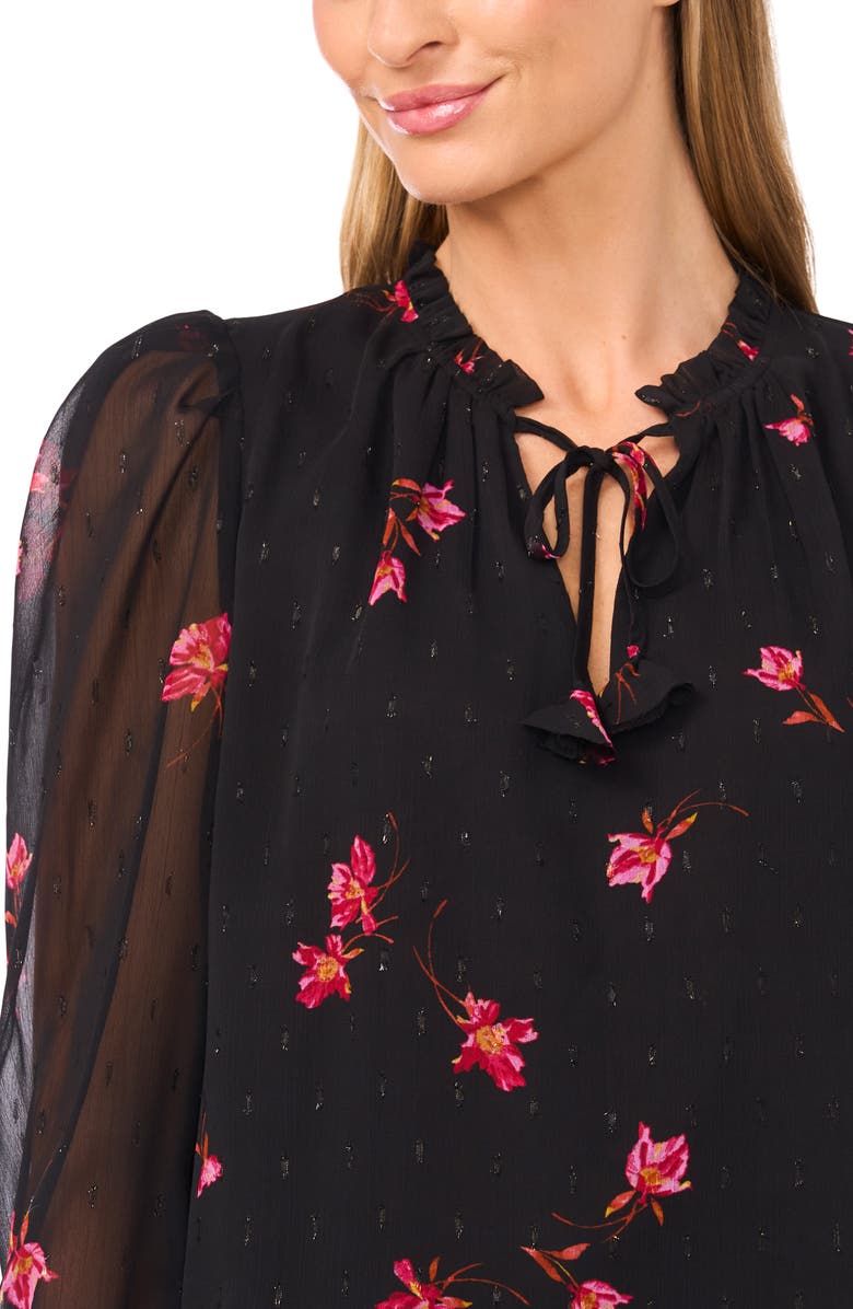 CeCe Floral Metallic Split Neck Top, Alternate, color, Rich Black