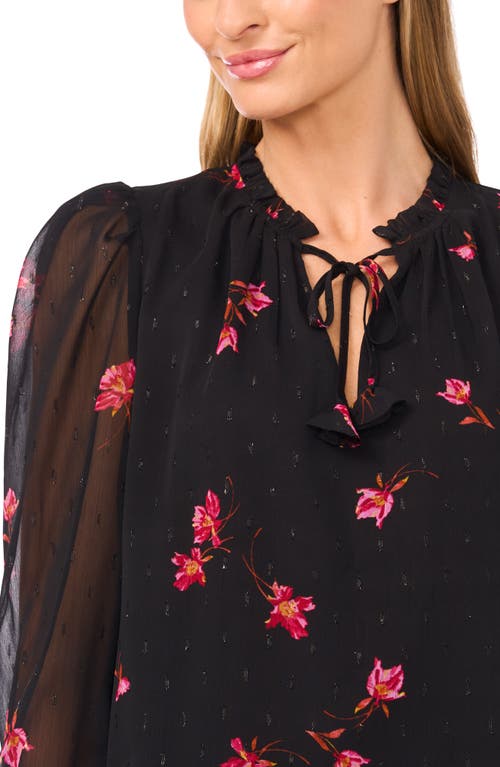 Cece Floral Metallic Split Neck Top In Black