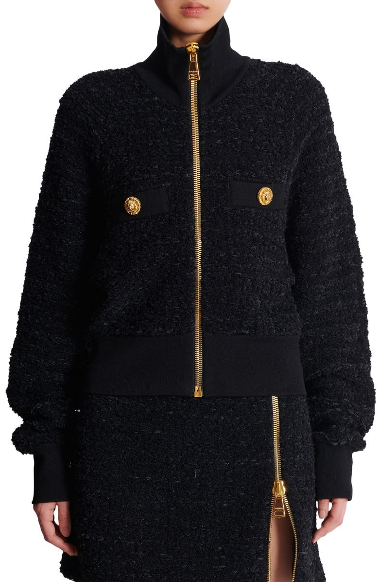 Balmain Tweed Bomber Jacket, Alternate, color, 