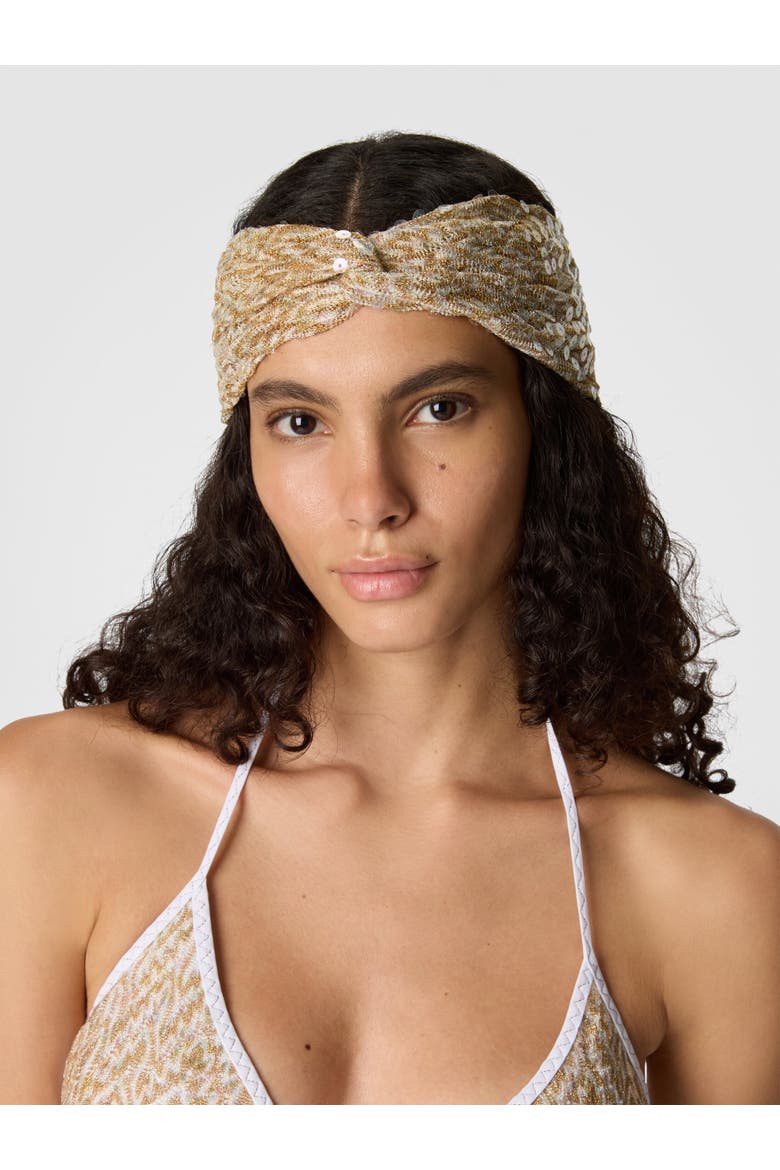 Headband In Lamé Viscose With Lace Pattern And Sequins, Alternate, color, Gold& White