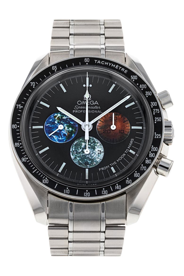 Omega Preowned 2010 Speedmaster Moonwatch Bracelet Chronograph Watch, 42mm, Main, color, BLACK/SILVER