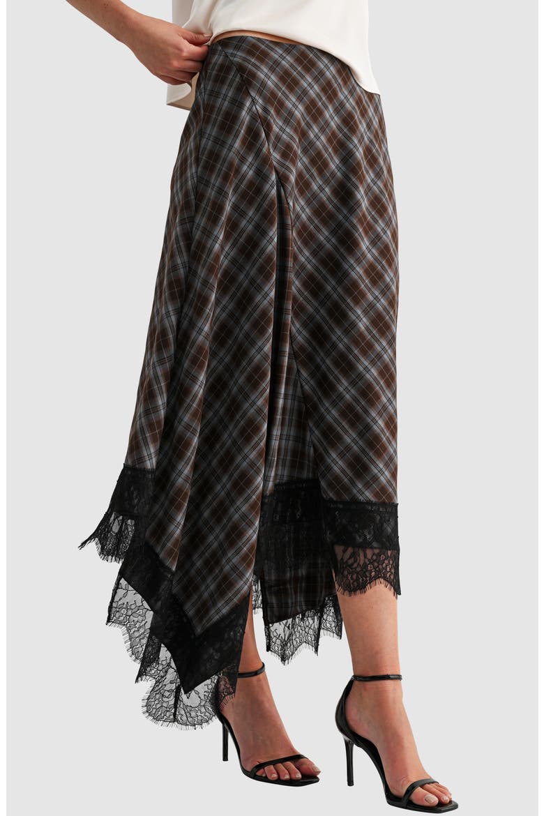Handkerchief Hem Plaid Midi Skirt with Lace Trim, Alternate, color, BROWN BLUE PLAID