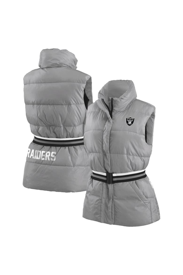 Women's WEAR by Erin Andrews Silver Las Vegas Raiders Full-Zip Puffer Vest with Belt, Main, color, Silver