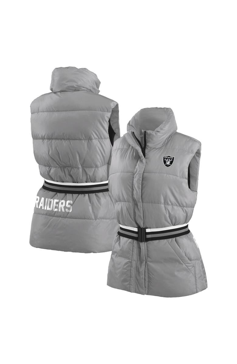 WEAR by Erin Andrews Women's WEAR by Erin Andrews Silver Las Vegas Raiders Full-Zip Puffer Vest with Belt, Main, color,