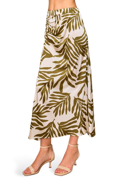 Melloday Floral Satin Ruched Midi Skirt In Olive Cream Leaf