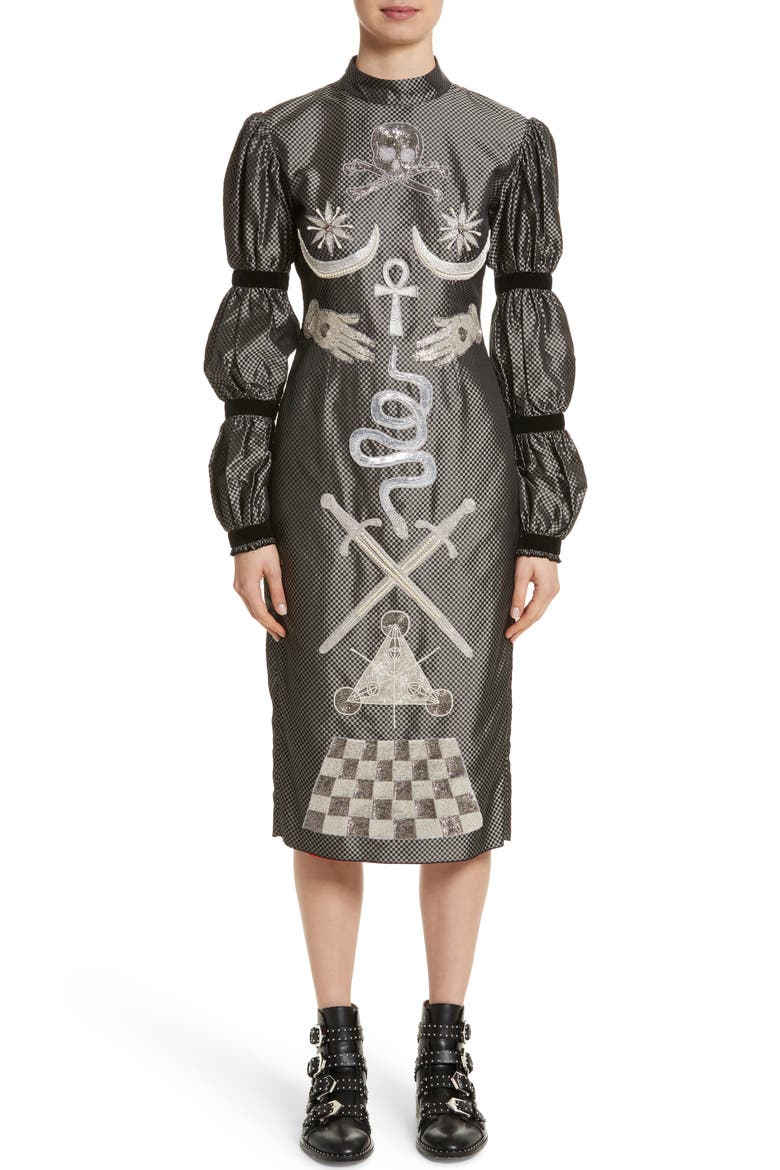 Alien Goddess Embellished Silk Dress, Main, color, SILVER