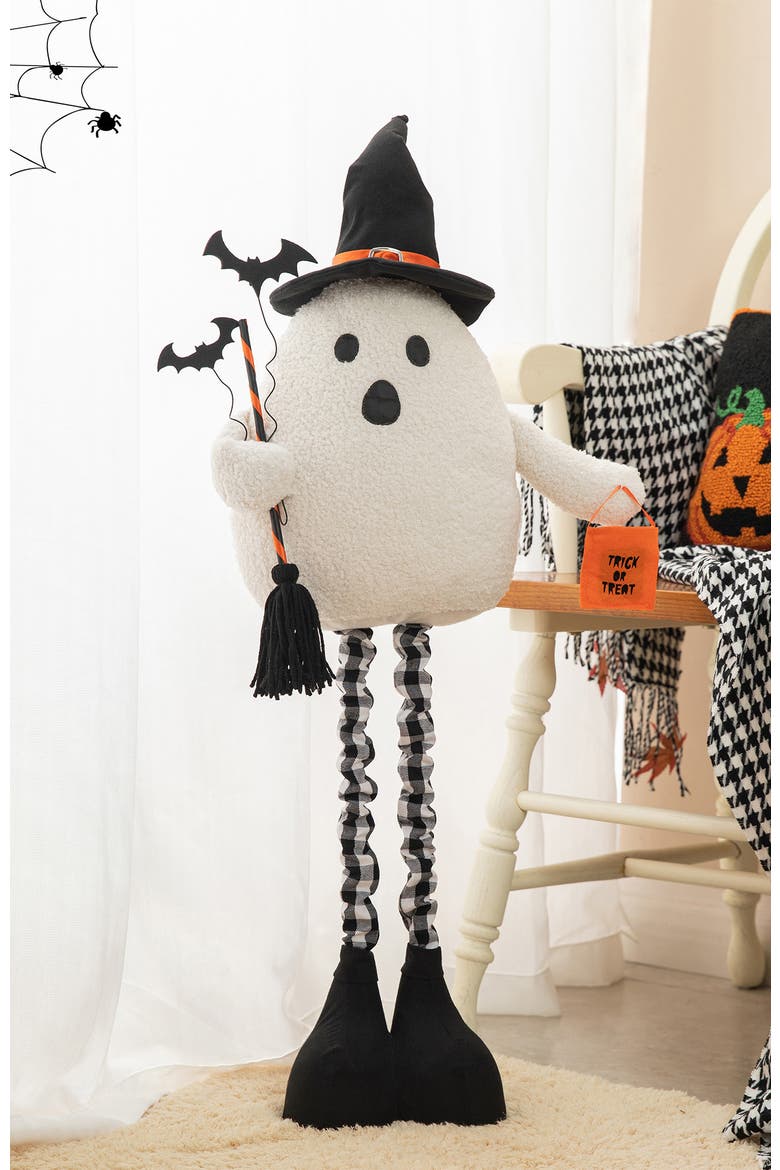 Lighted Halloween Fabric Standing Ghost With Telescoping Legs and Timer, Alternate, color, White