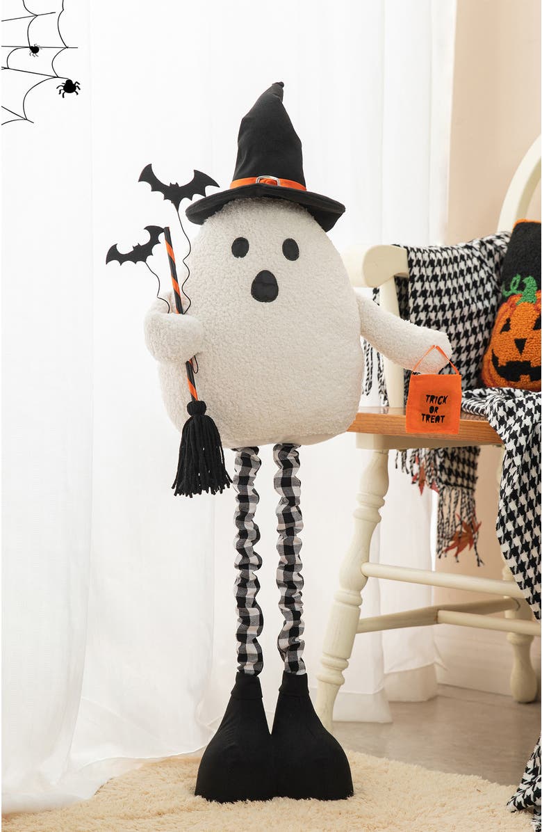 Glitzhome Lighted Halloween Fabric Standing Ghost With Telescoping Legs and Timer, Alternate, color, White