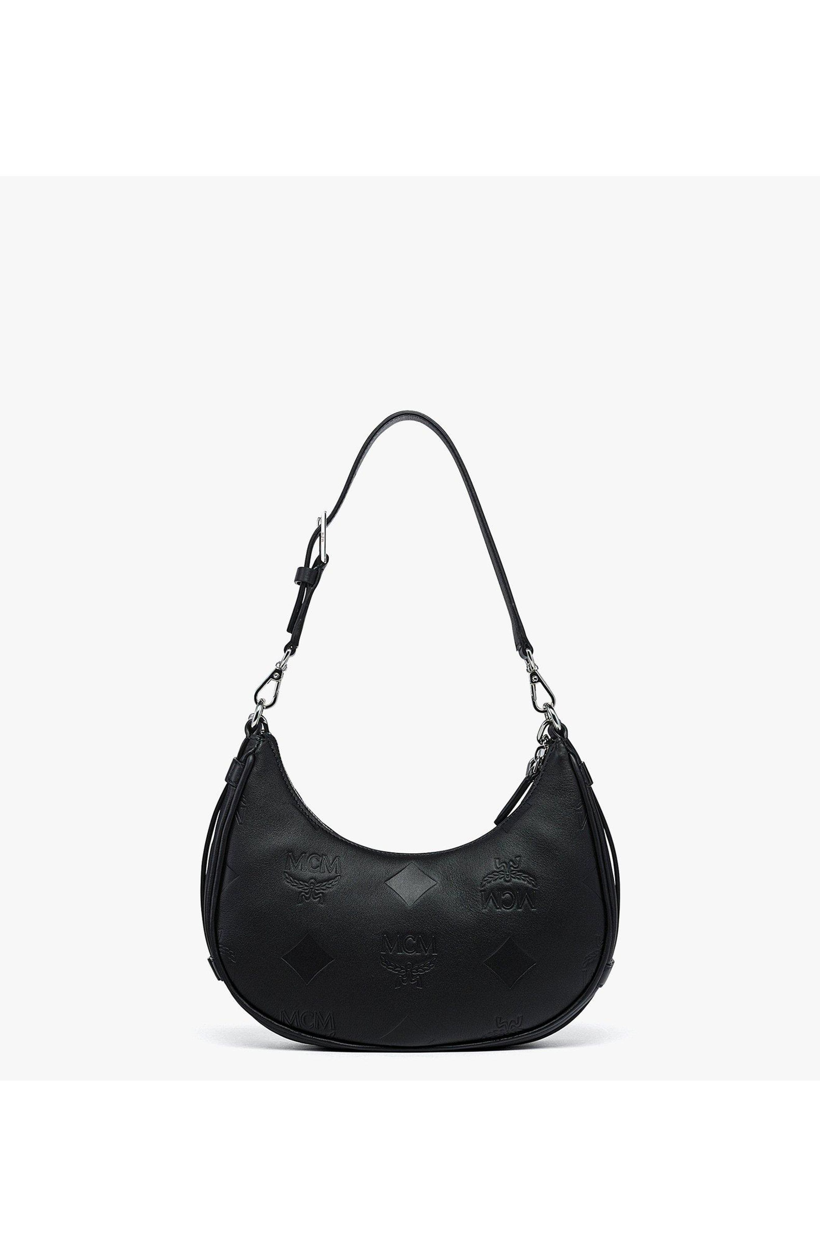 MCM Aren Crescent Hobo Bag in Maxi Monogram Leather, Alternate, color, Black