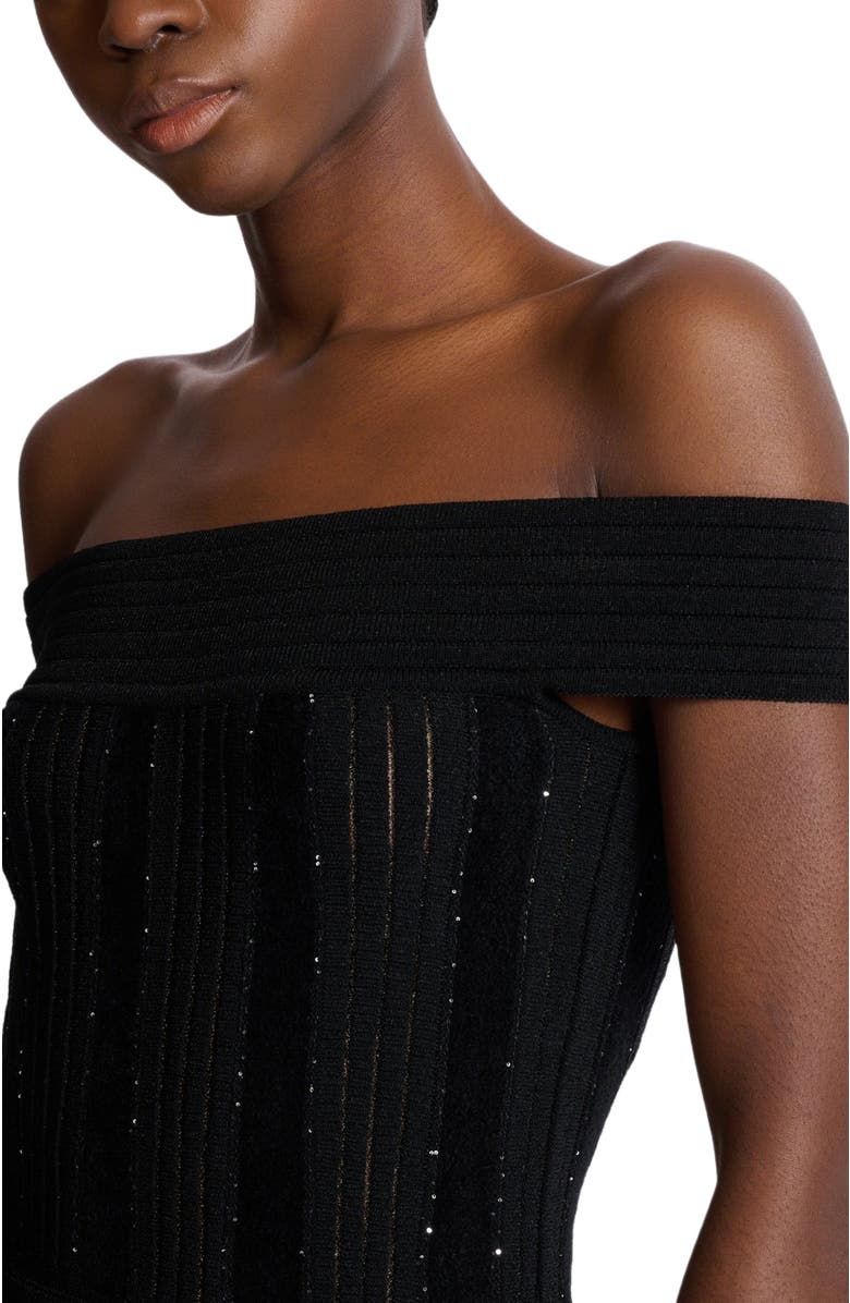 Balmain Off-the-shoulder glitter knit dress, Alternate, color, Black