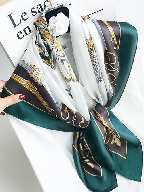 Silksilky 100% Mulberry Silk Printed Square Shawl Scarf 88*88cm In Darkgreen