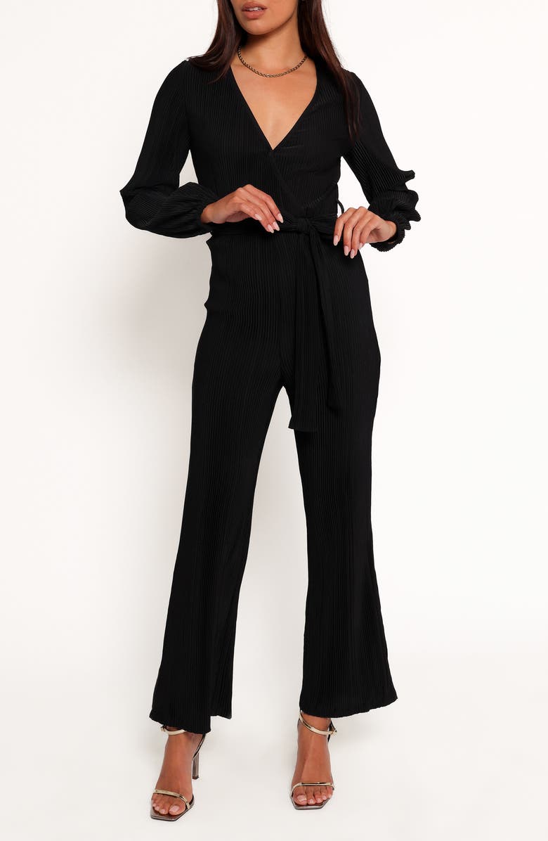 Petal & Pup Solange Long Sleeve Plissé Jumpsuit, Main, color, Black