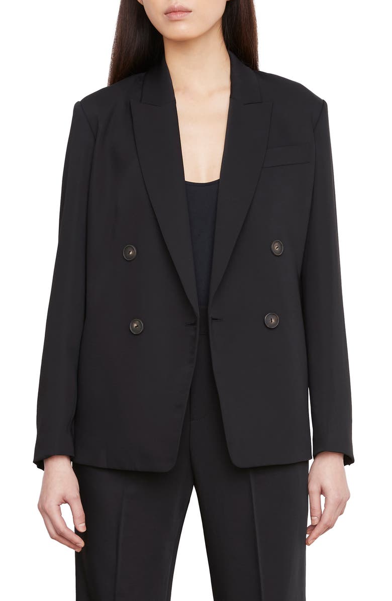 Vince Double Breasted Crepe Blazer, Main, color, Black