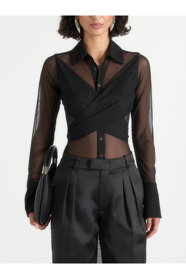 Canelle Sheer Mesh Wrap-Front Shirt Bodysuit, Main, color, Black