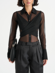 Manière De Voir Canelle Sheer Mesh Wrap-Front Shirt Bodysuit