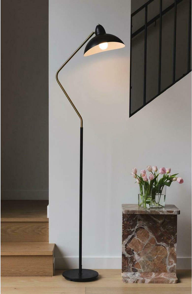 Brightech Swoop 69" Industrial Adjustable LED Floor Lamp with Metal Bowl Shade and Gold Accent, Alternate, color, Classic Black