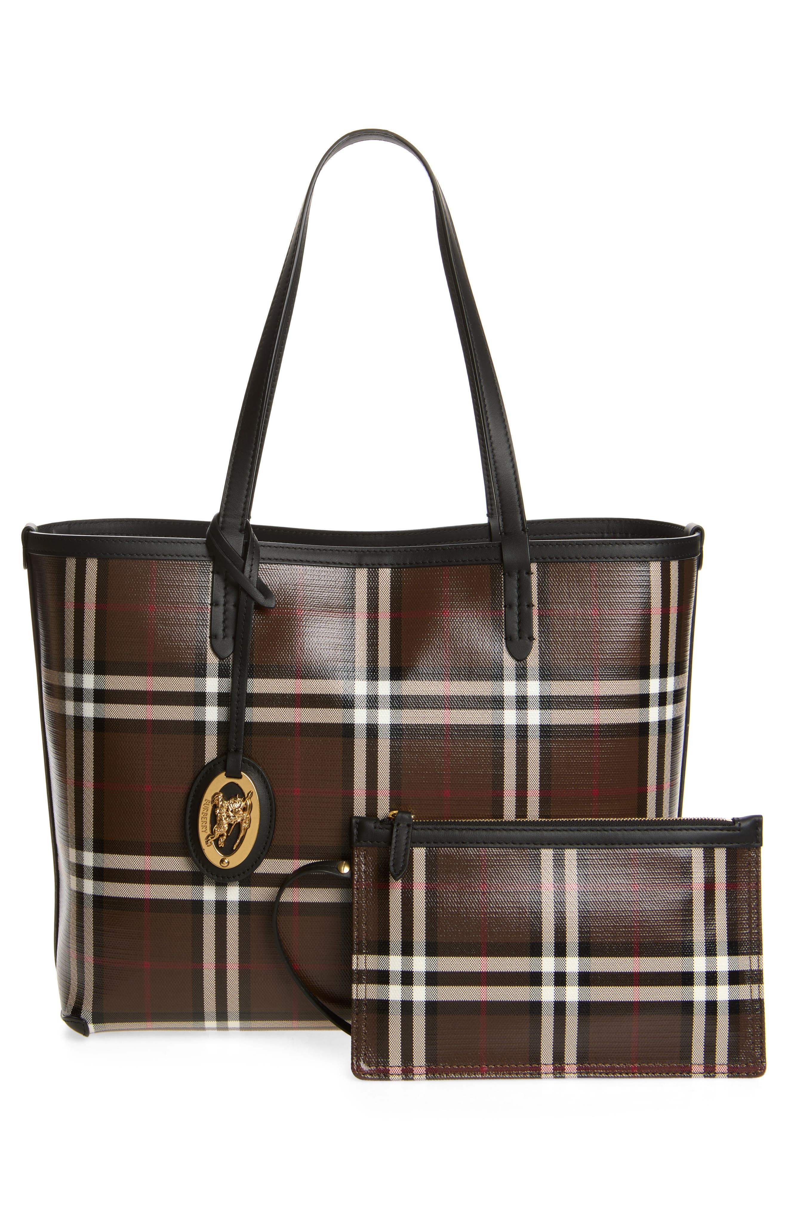 Medium Check Coated Canvas & Leather Tote, Alternate, color, CHOCOLATE BROWN
