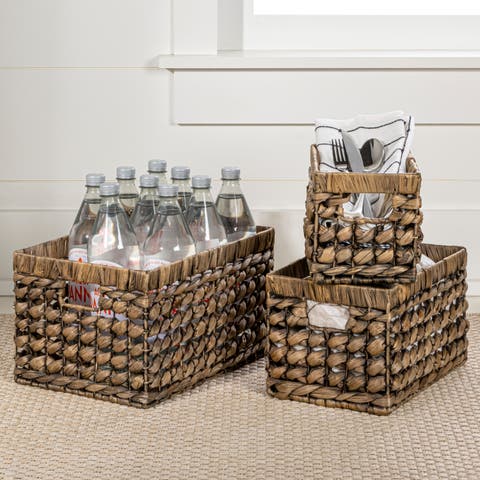 Hayden Bohemian Cottage Handwoven Hyacinth Rectangular Nesting Baskets with Handles, (Set of 3)