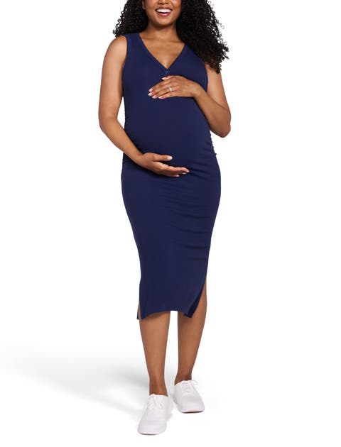 Sleeveless Henley Racerback Maternity Midi Dress