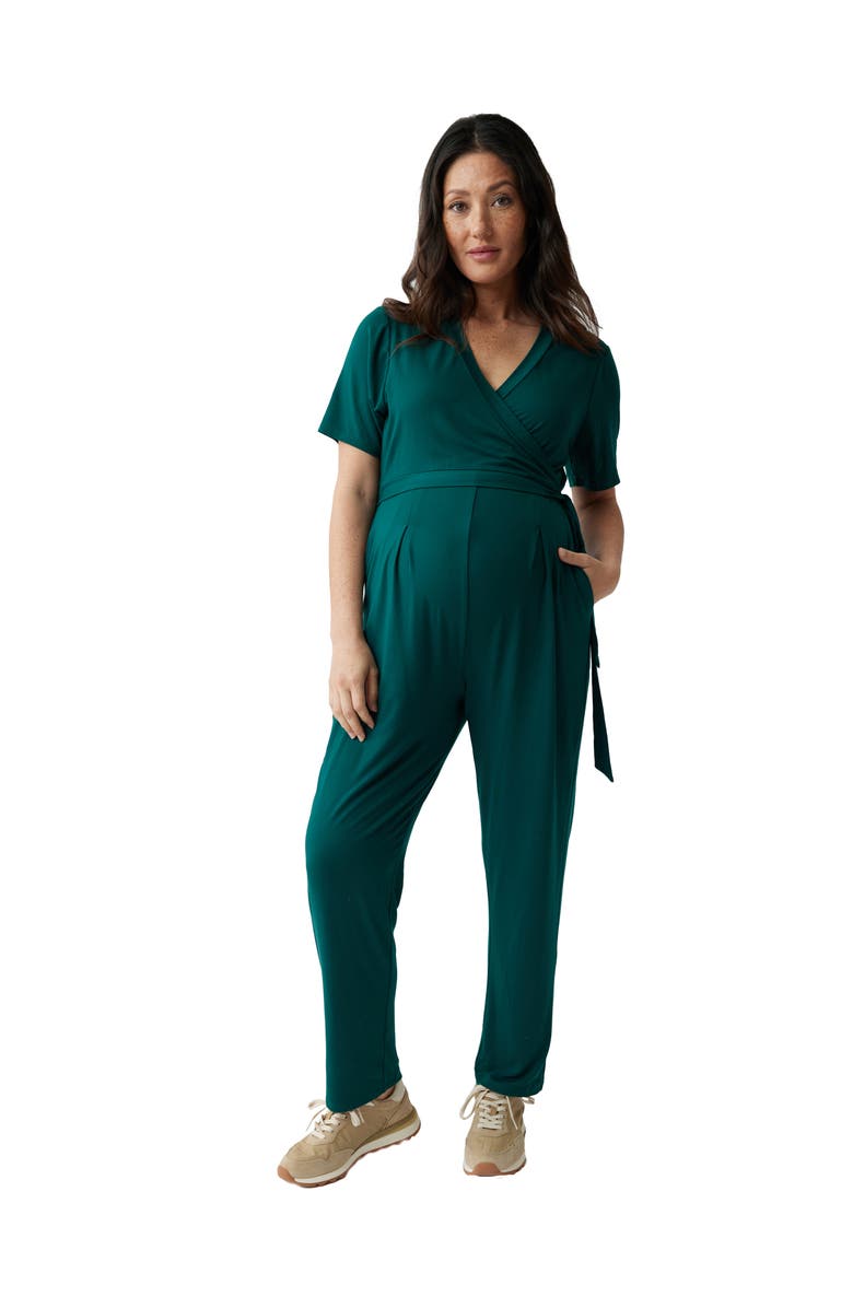 Ingrid & Isabel Maternity Everywear Short Sleeve Jumpsuit, Main, color, Botanical Green