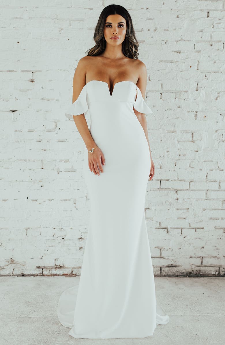 Noel and Jean by Katie May Nautilus Ruffled Off the Shoulder Crepe Mermaid Gown, Main, color,