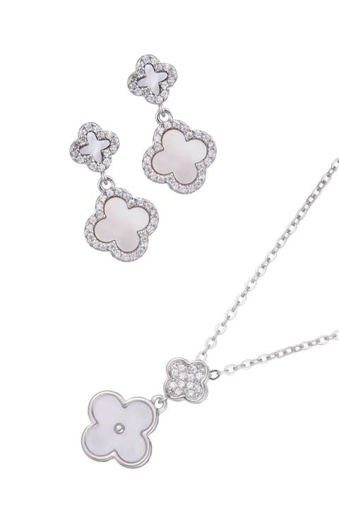 Mother-of-Pearl Clover Pendant Necklace & Drop Earrings Set