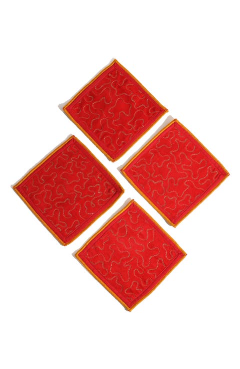 Embroidered Snowflake Set of 4 Linen Cocktail Napkins