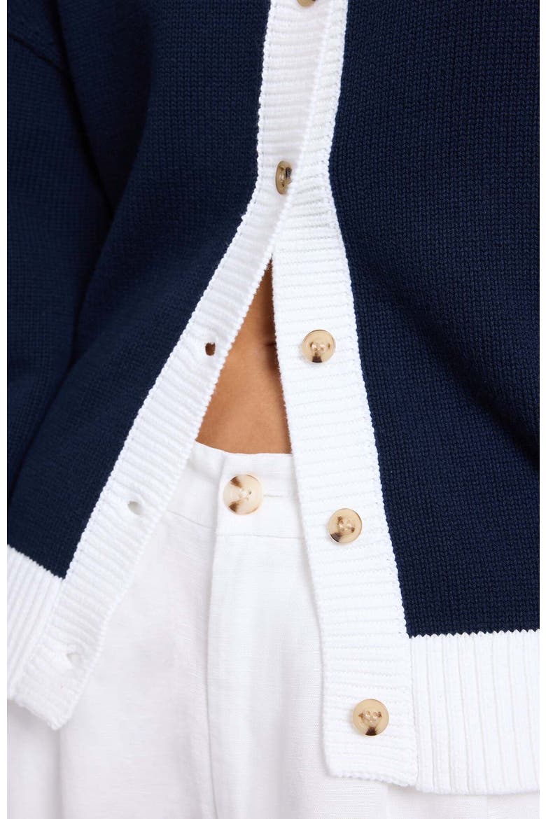 Cotton Fitted Cardigan, Alternate, color, OFF WHITE/NAVY