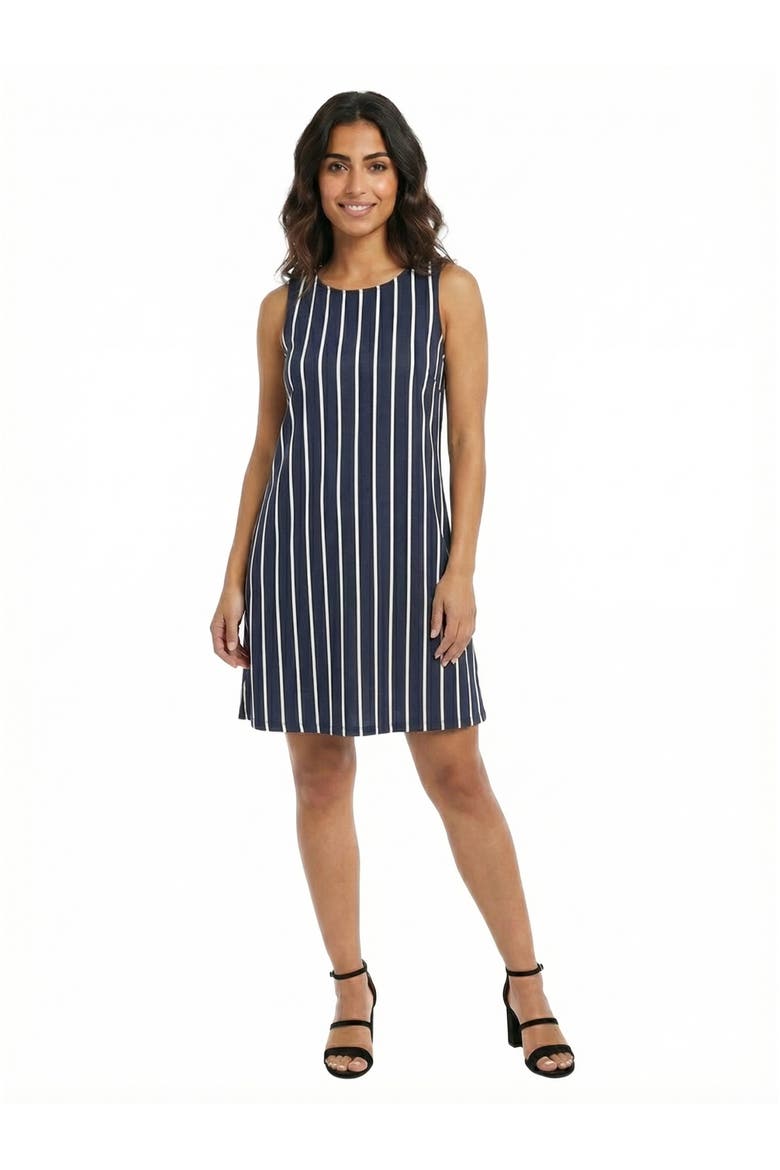 Essential Petite Striped Round Neck Sleeveless A-Line Mini Shift Dress, Main, color, Navy Multi